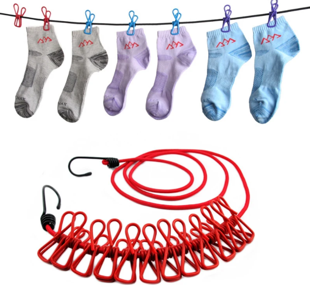 12 Clips Cloth Line Rope Hang Portable Clothesline- Elastic, Windproof Eco-friendly For Travel Home Use