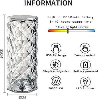 Diamond Rose Crystal Lamp & Rechargeable Usb Table Lamp