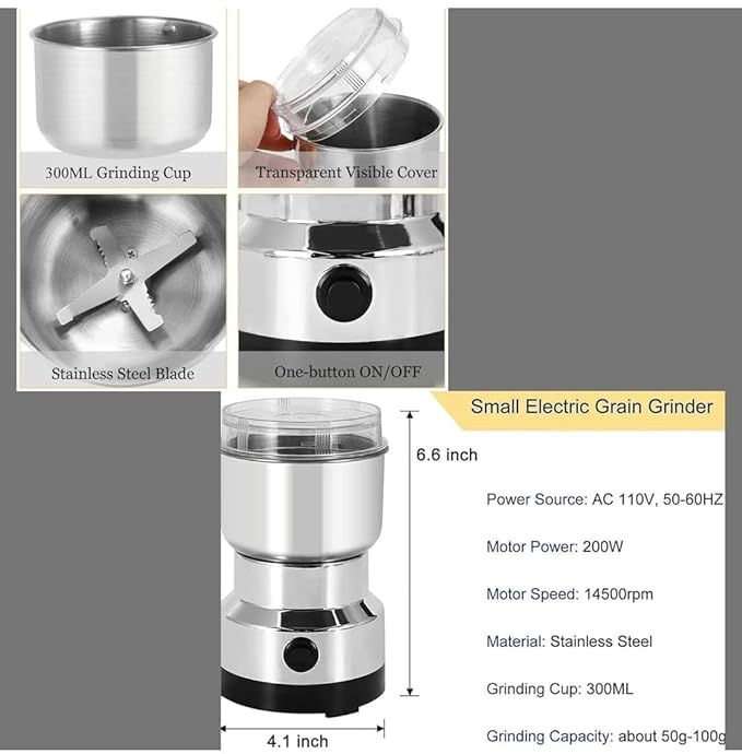 Nima Mini Electric Grinder Stainless Steel For Coffee Beans, Spices, Masala